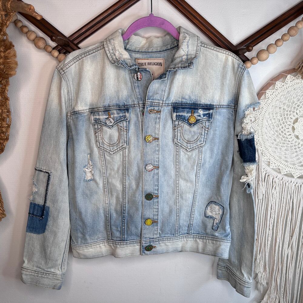 True Religion Gigi Destroyed Distressed Denim Trucker Jacket